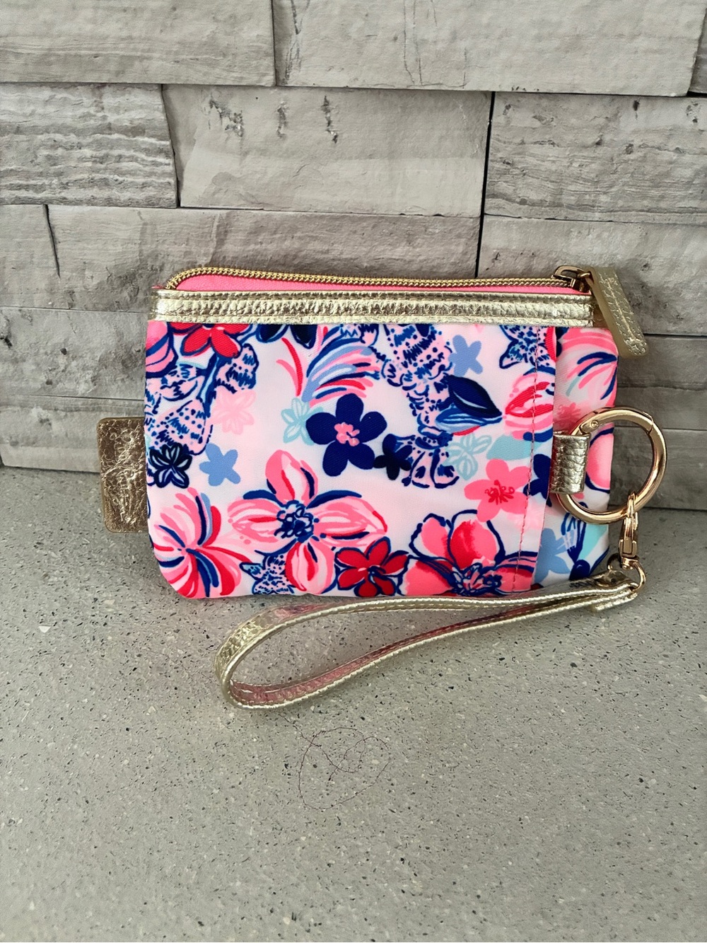 Lilly Pulitzer Pink Navy Floral Zip Wristlet with Gold Accents